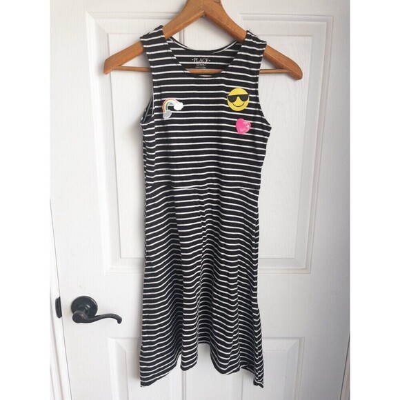 Children’s Place Girls Black and White Striped Dress with Patches size L 10/12 - Picture 5 of 5